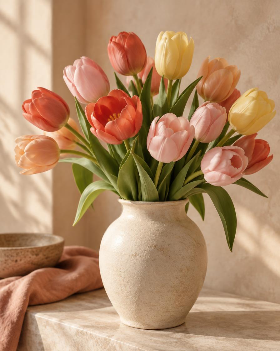 Fresh colorful tulips in a cream vase
